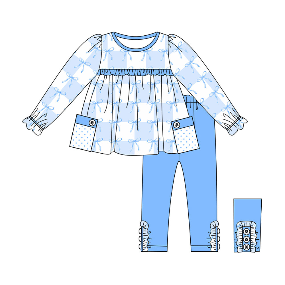 Pre-order Baby Girl Bows Checkered Tunic Tops Blue Pants Clothes Set