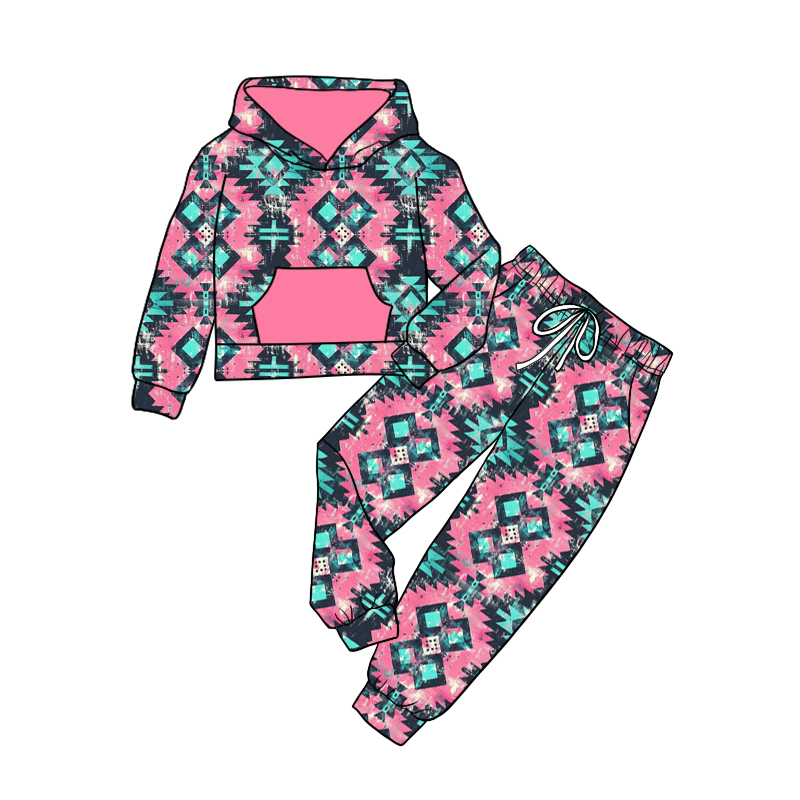 Pre-order Baby Girl Western Hoodie Aztec Pocket Shirt Pants Pink Set