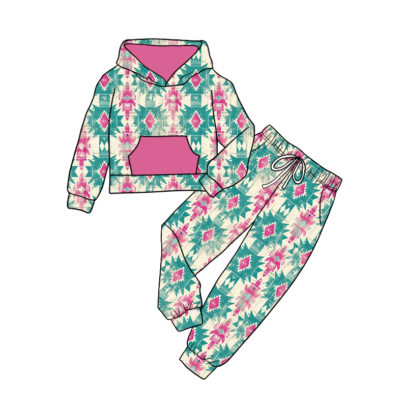 Pre-order Baby Girl Long Sleeves Western Hoodie Aztec Shirt Pants Clothes Set