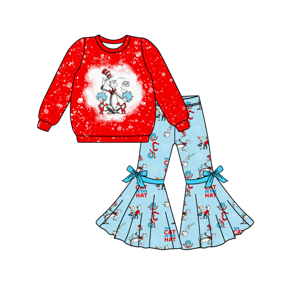 Pre-order Baby Girl Reading Cat Red Tops Blue Bell Pants Clothes Set