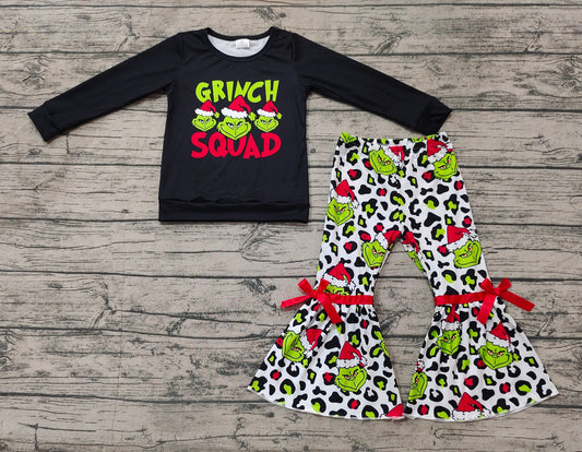 Baby Girl Long Sleeves Christmas Face Black Shirt Leopard Bell Pants Clothes Set