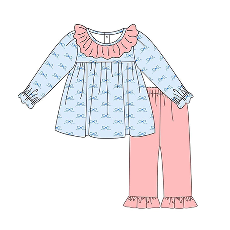 Pre-order Baby Girl Bows Blue Tunic Ruffle Pants Clothes Set