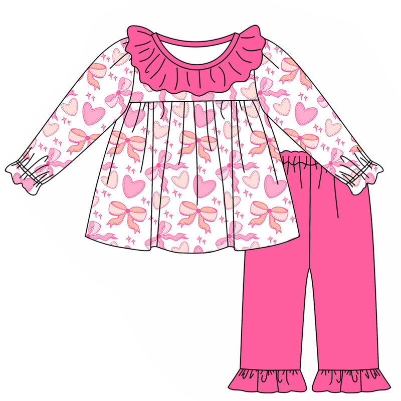Pre-order Baby Girl Valentines Hearts Bows Tunic Tops Ruffle Pants Clothes Set