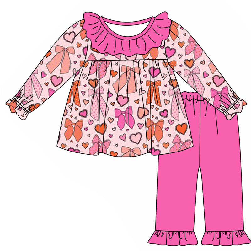 Pre-order Baby Girl Valentines Hearts Bows Tunic Ruffle Pants Clothes Set