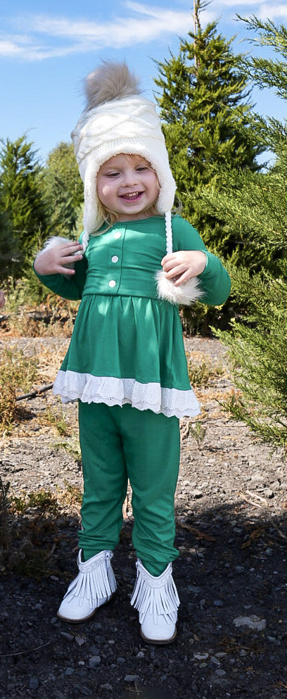 Pre-order Baby Girl Christmas Green Ruffle Tunic Pants Clothes Set