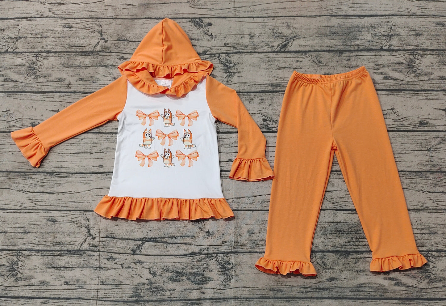 Baby Girl Long Sleeves Dogs Bows Hoodie Shirt Pants Clothes Orange Set