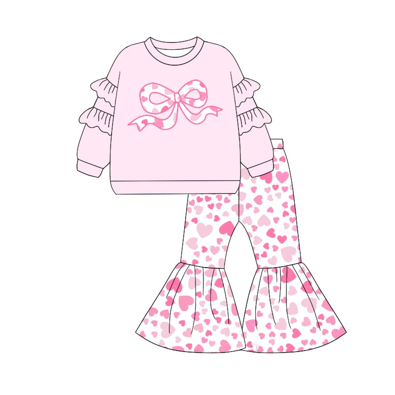 Pre-order Baby Girl Valentines Bow Tops Hearts Bell Pants Pink Clothes Set