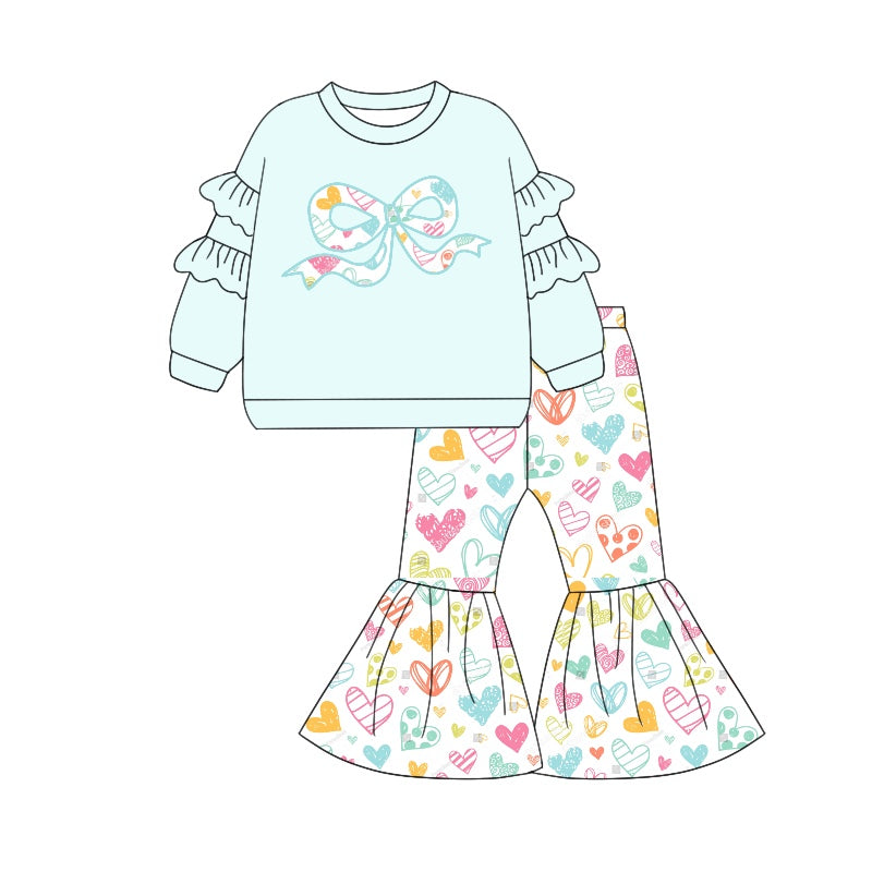 Pre-order Baby Girl Valentines Bow Blue Shirt Hearts Bell Pants Clothes Set