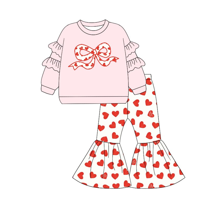 Pre-order Baby Girl Valentines Bow Ruffle Shirt Hearts Bell Pants Clothes Set