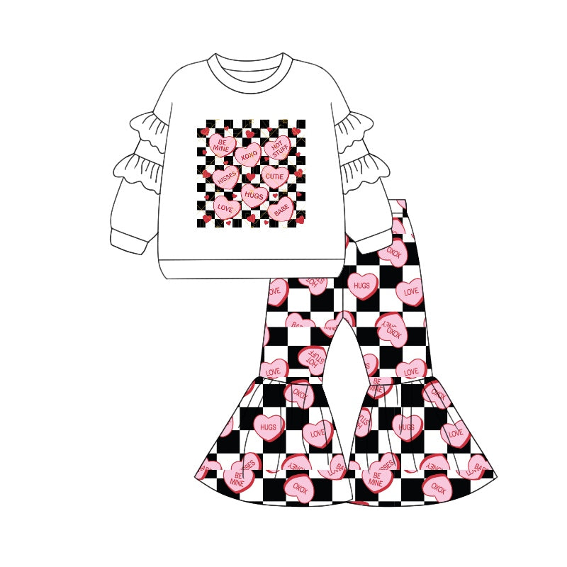 Pre-order Baby Girl Valentines Be Mine Shirt Hearts Bell Pants Clothes Set