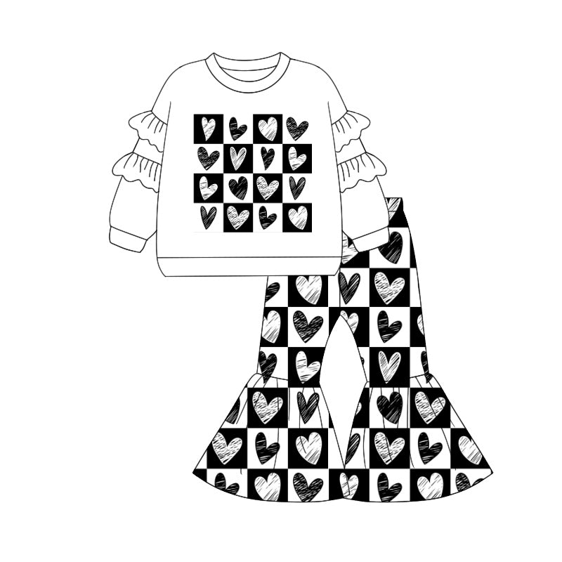 Pre-order Baby Girl Valentines  Hearts Ruffle Shirt Bell Pants Clothes Set