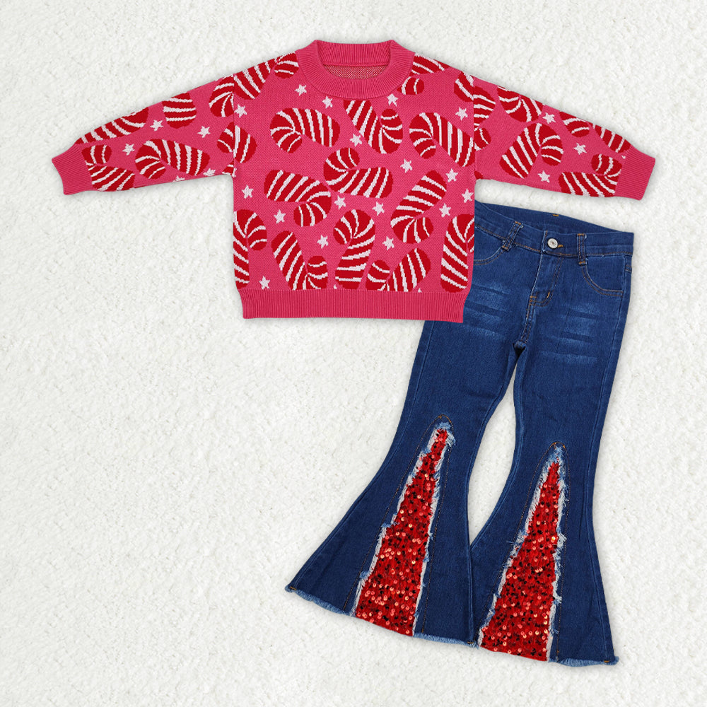 Baby Girl Candy Cane Sweater Blue Denim Sequins Bell Pants Christmas Clothes Set