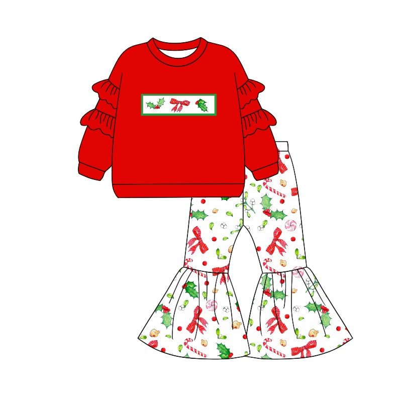 Pre-order Baby Girl Christmas Bows Red Shirt Bell Pants Outfit Set