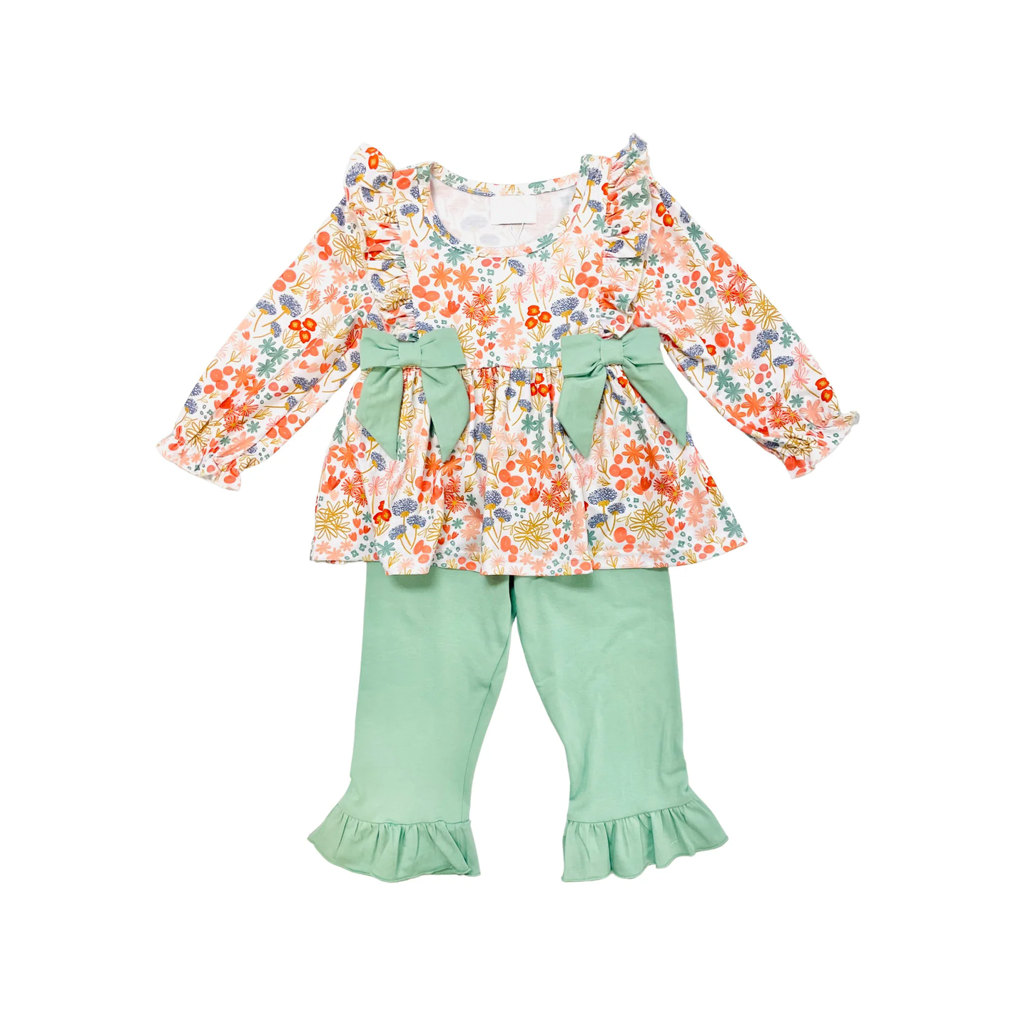 Pre-order Baby Girl Long Sleeves Floral Tunic Green Pants Outfit Clothes Set