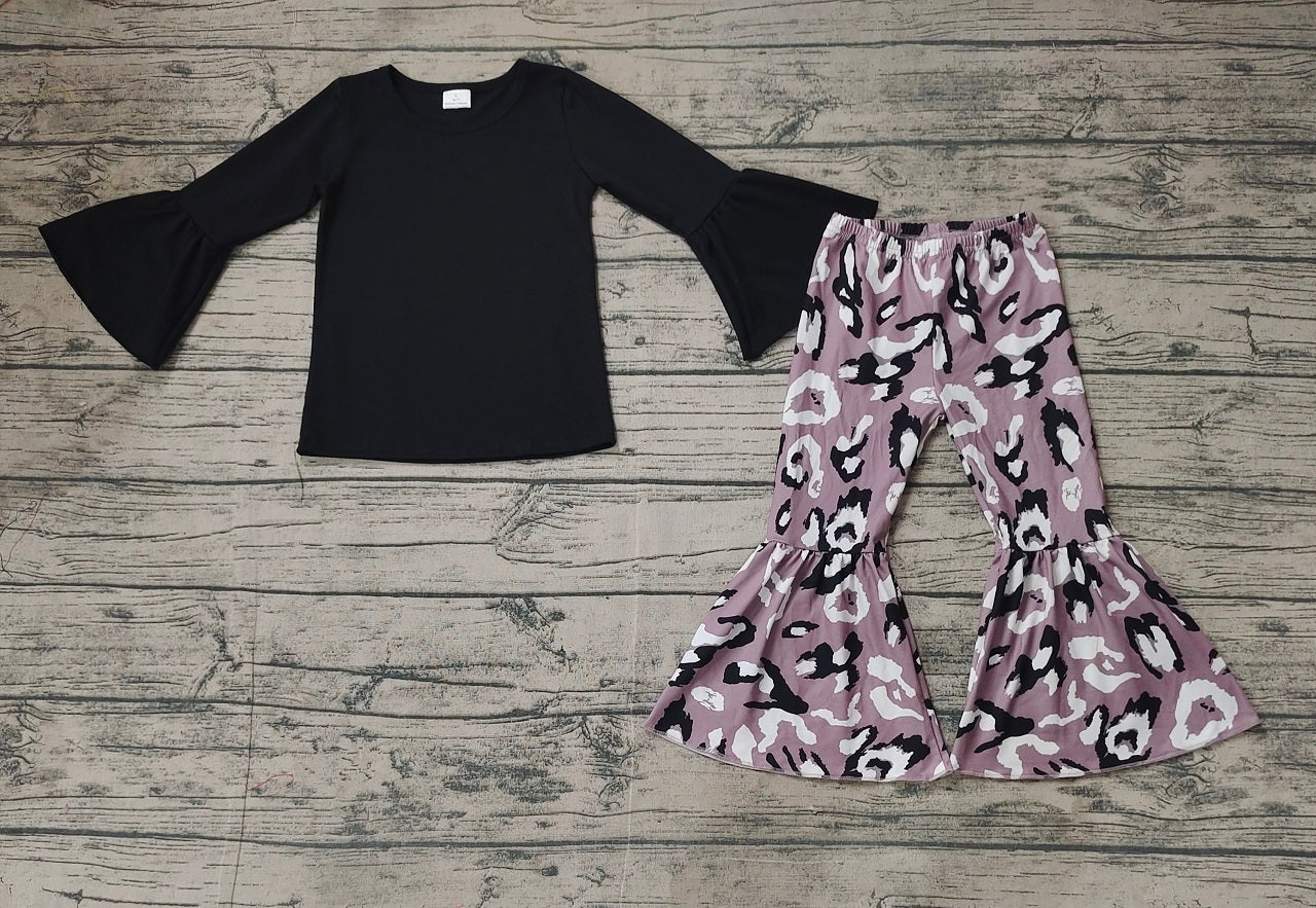 Baby Girl Long Sleeves Black Tops Leopard Bell Pants Clothes Set