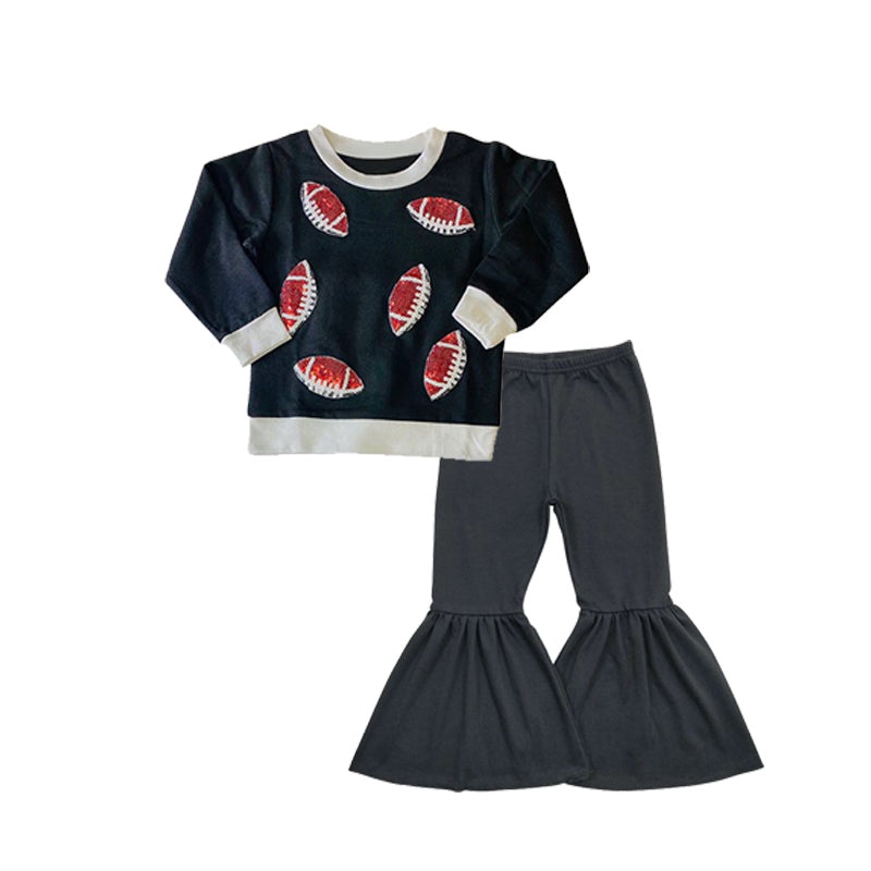 Pre-order Baby Girl Long Sleeves Football Shirt Black Bell Pants Clothes Set