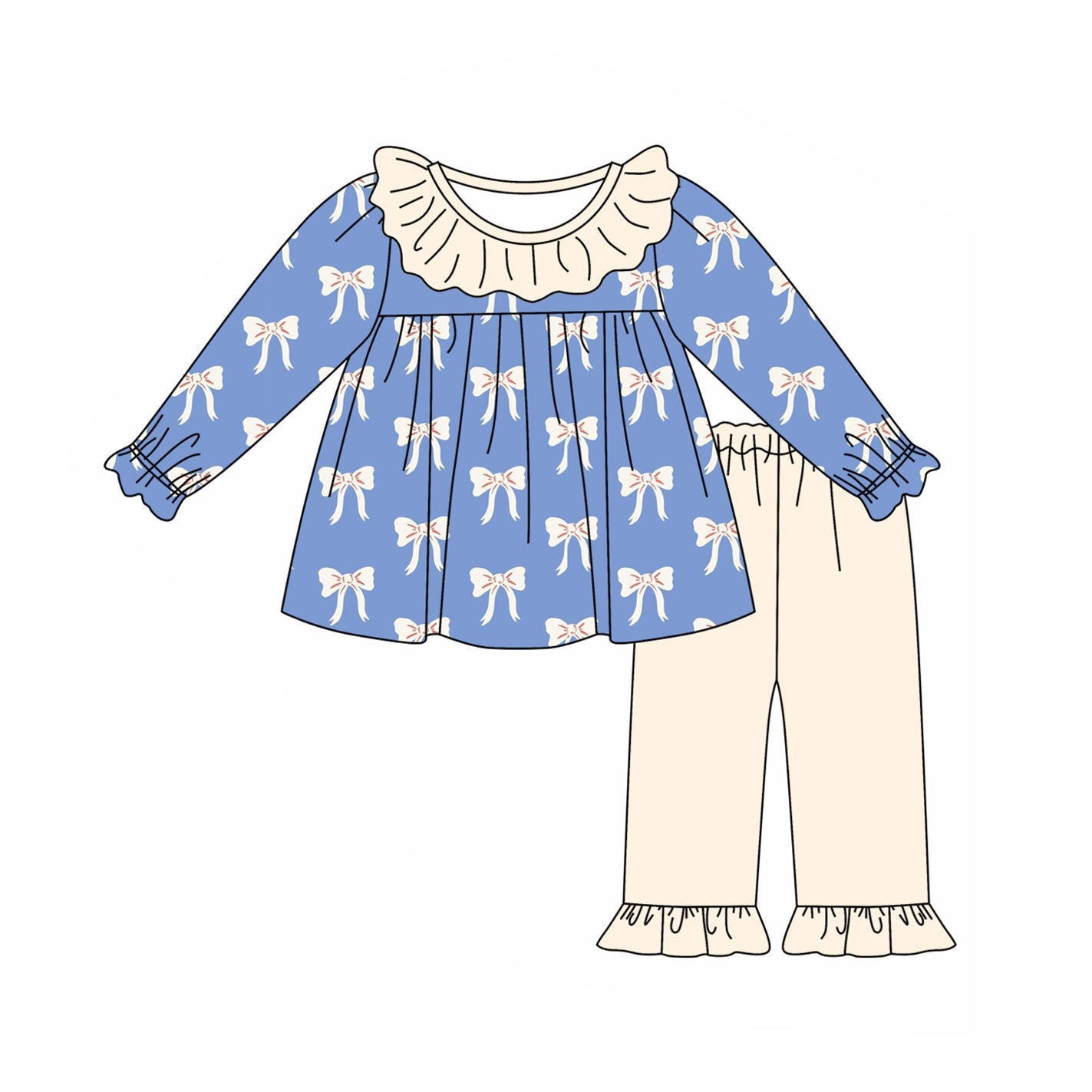 Pre-order Baby Girl Bows Ruffle Blue Tunic Pants Outfit Clothes Set