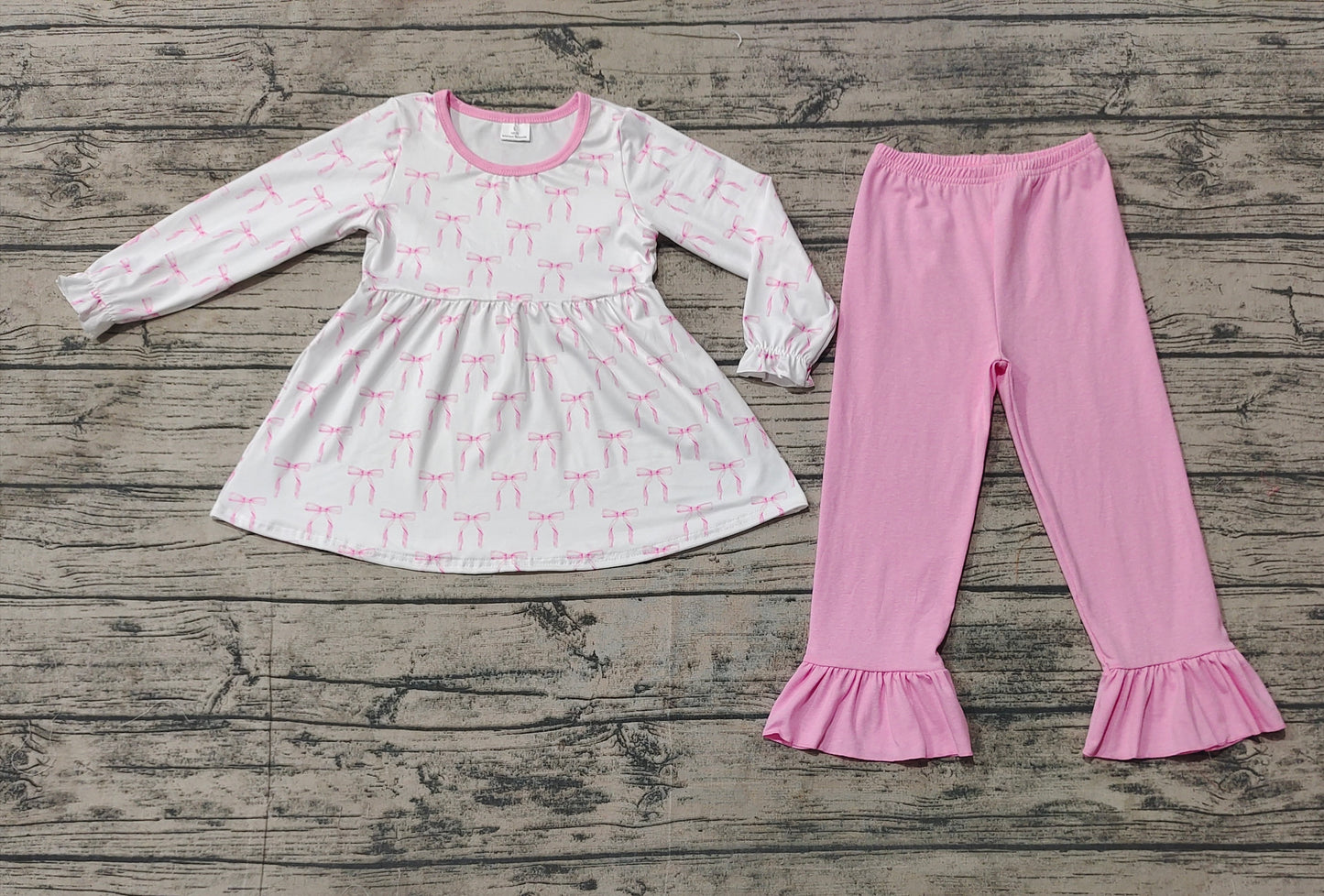 Baby Girl Long Sleeves Bows Tunic Pink Cotton Ruffle Pants Clothes Set