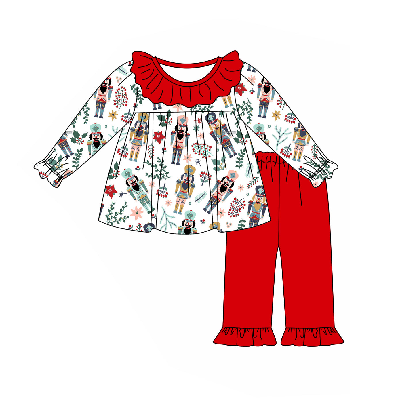 Pre-order Baby Girl Long Sleeves Christmas Soldier Flower Tunic Red Pants Clothes Set