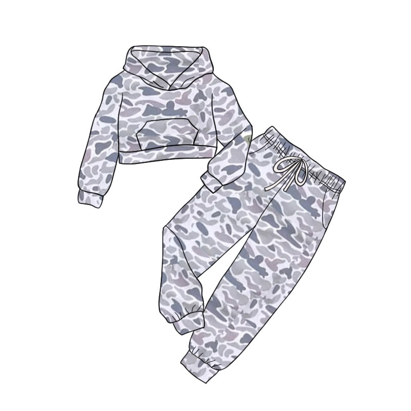 Pre-order Baby Kids Toddler Grey Camo Hoodie Shirt Pants Clothes Set