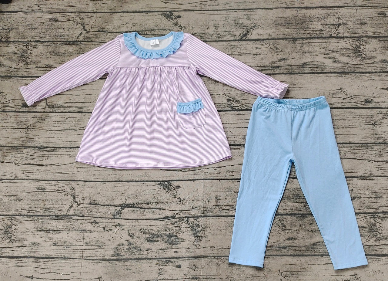 Baby Girl Long Sleeves Stripes Pocket Tunic Tops Blue Cotton Leggings Pants Clothes Set