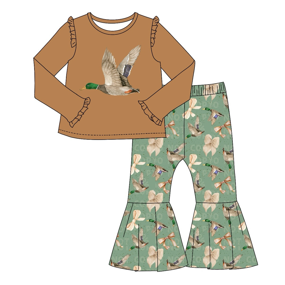 Pre-order Baby Girl Duck Shirt Bows Bell Pants Hunting Set