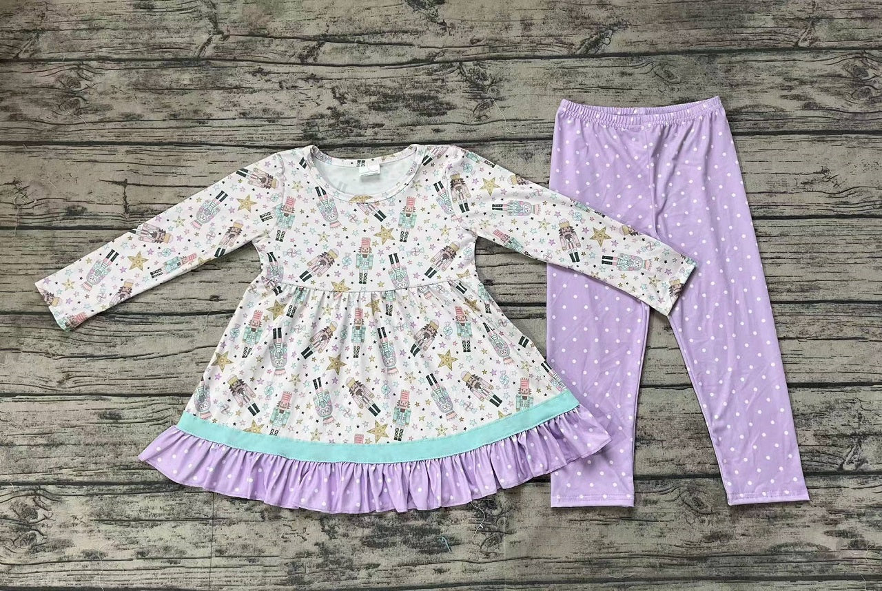 Baby Girl Long Sleeves Christmas Soldier Tunic Purple Pants Clothes Set