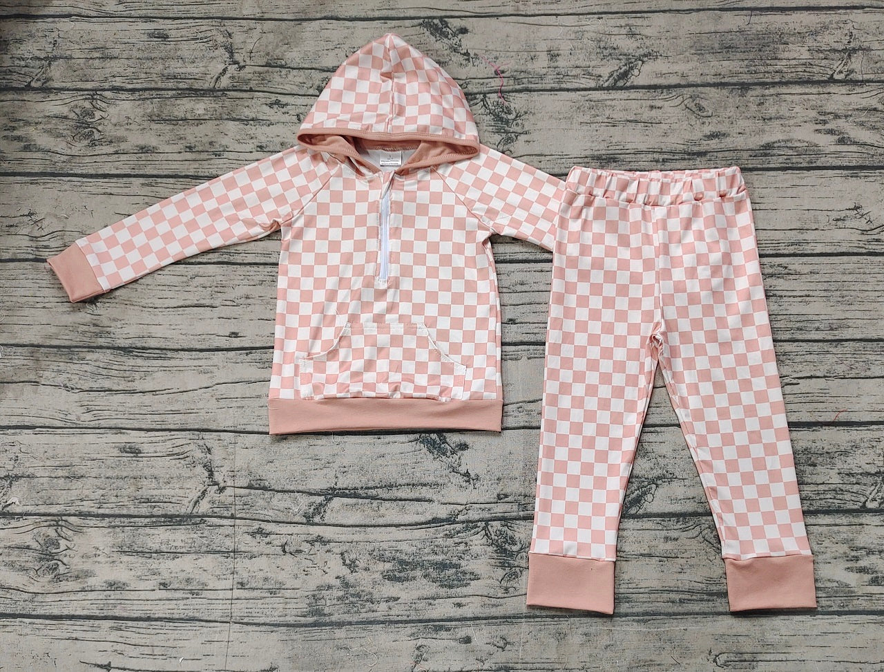 Baby Girl Long Sleeves Checkered Zipper Shirt Tops Pants Clothes Set