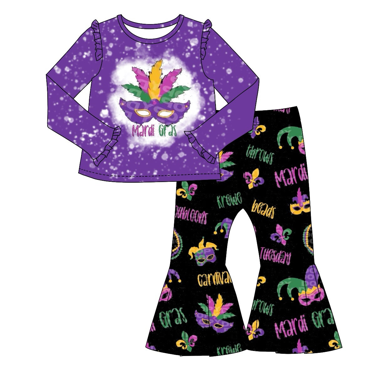 Pre-order Baby Girl Mardi Gras Masks Purple Shirt Bell Pants Clothes Set