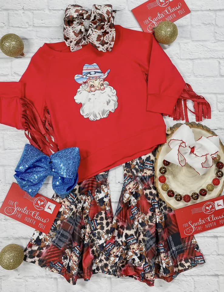Pre-order Baby Girl Christmas Santa Tassel Red Shirt Leopard Bell Pants Clothes Set