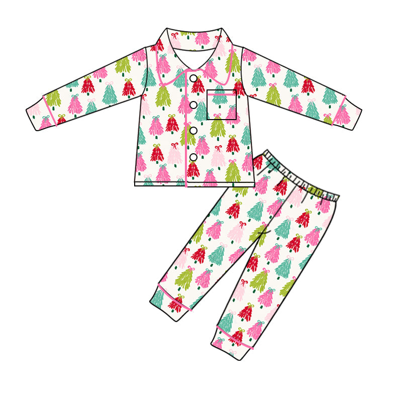 Pre-order Baby Kids Toddler Christmas Colorful Trees Buttons Shirt Pants Pajamas Clothes Set