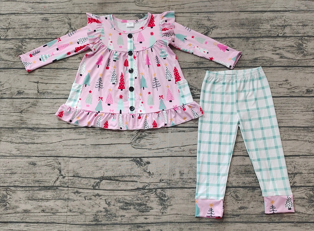 Baby Girl Long Sleeves Christmas Tree Pocket Pink Tunic Plaid Pants Set