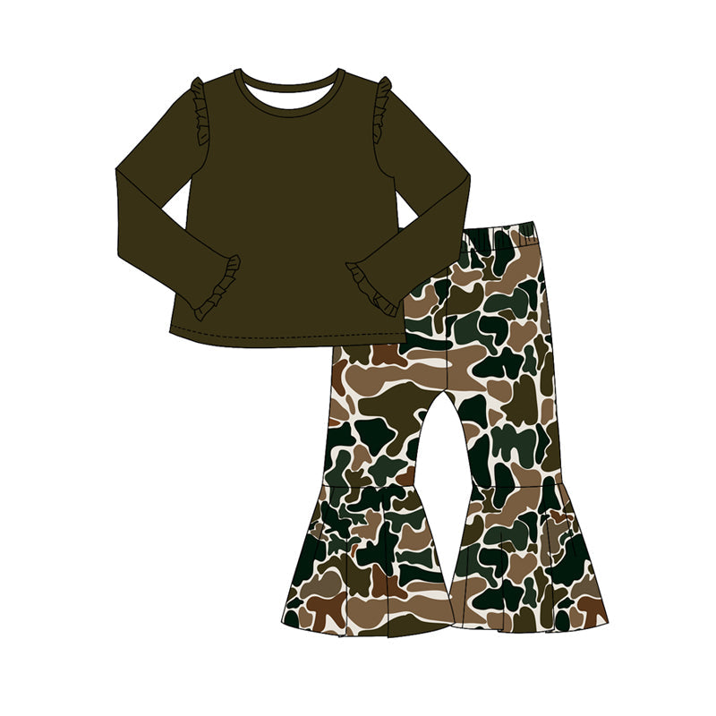 Pre-order Baby Girl Brown Cotton Shirt Camo Bell Pants Clothes Set