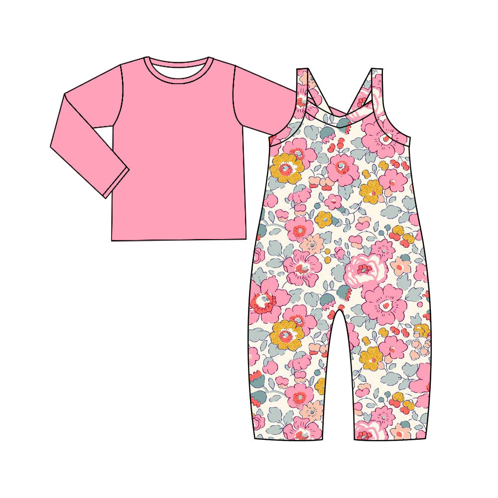 Pre-order Baby Girl Pink Shirt Flower Straps Jumpsuit Set