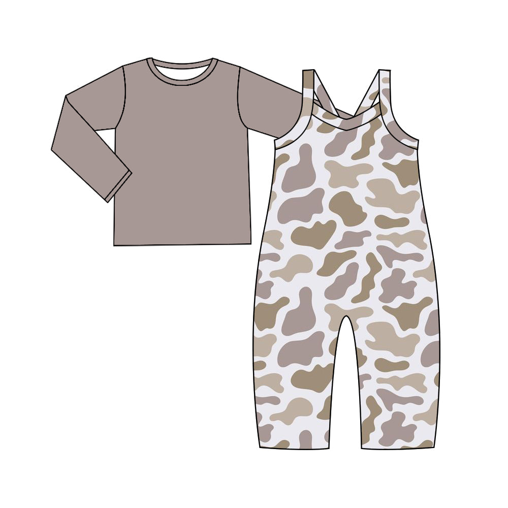Pre-order Baby Girl Grey Shirt Camo Straps Jumpsuit Set