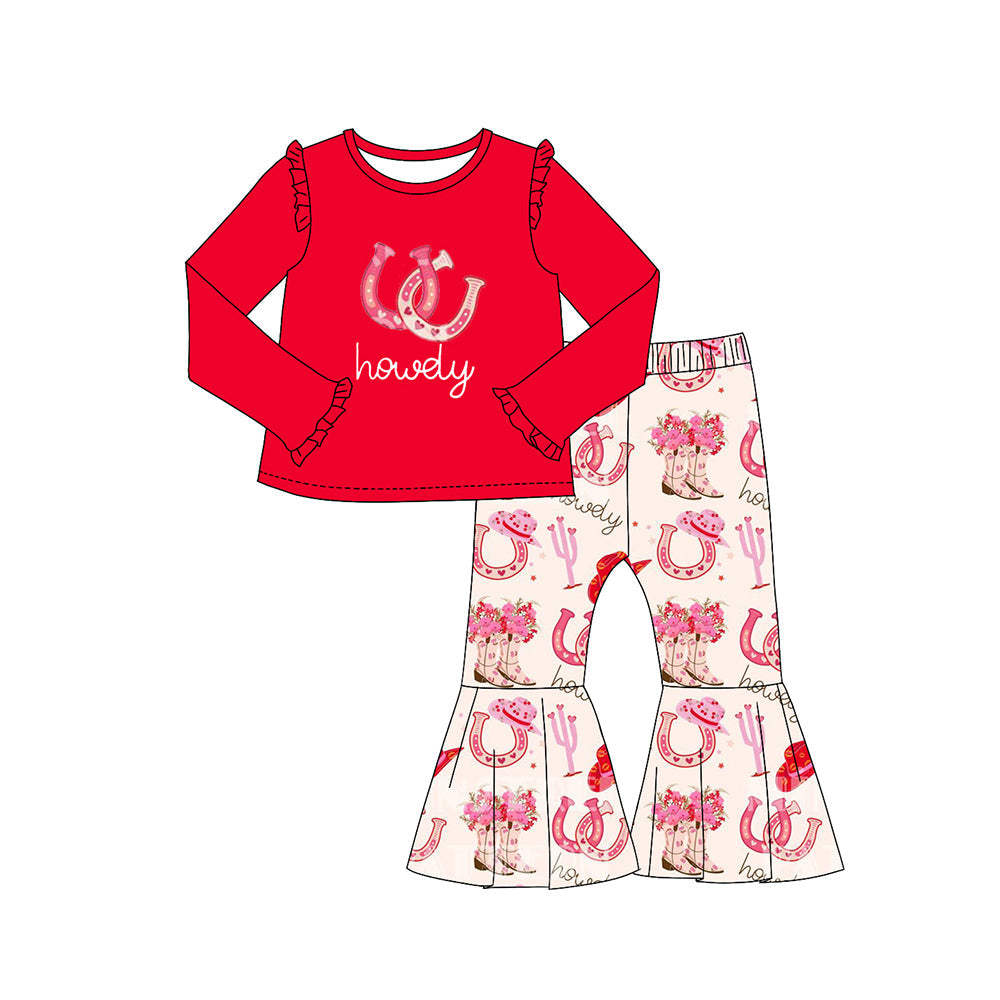 Pre-order Baby Girl Valentines Western Boots Pink Shirt Bell Pants Clothes Set