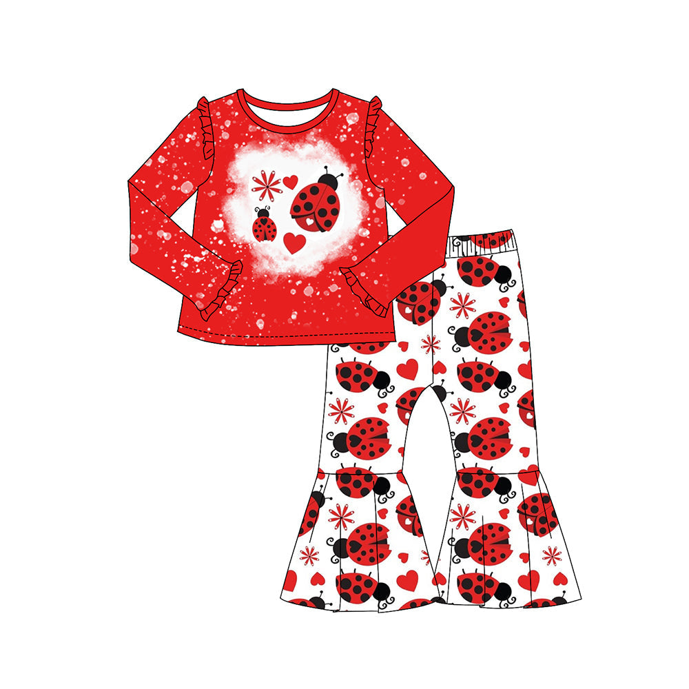 Pre-order Baby Girl Valentines Hearts Ladybugs Red Shirt Bell Pants Set