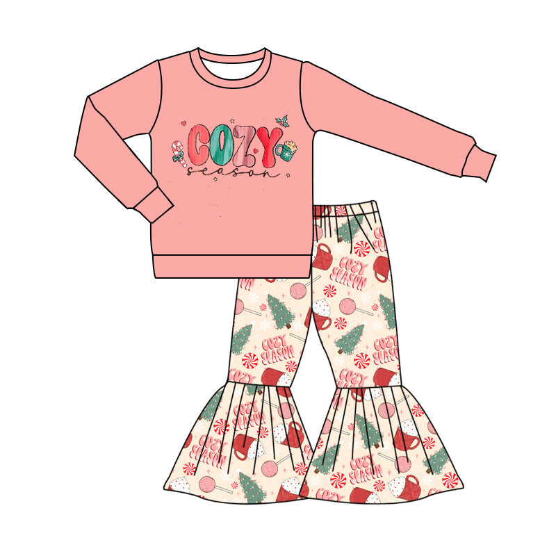 Pre-order Baby Girl Cozy Christmas Pink Shirt Bell Pants Clothes Set