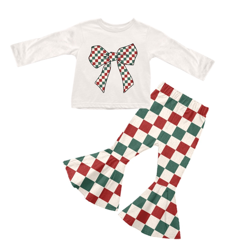 Pre-order Baby Girl Bow Shirt Green Red Checkered Bell Pants Christmas Set
