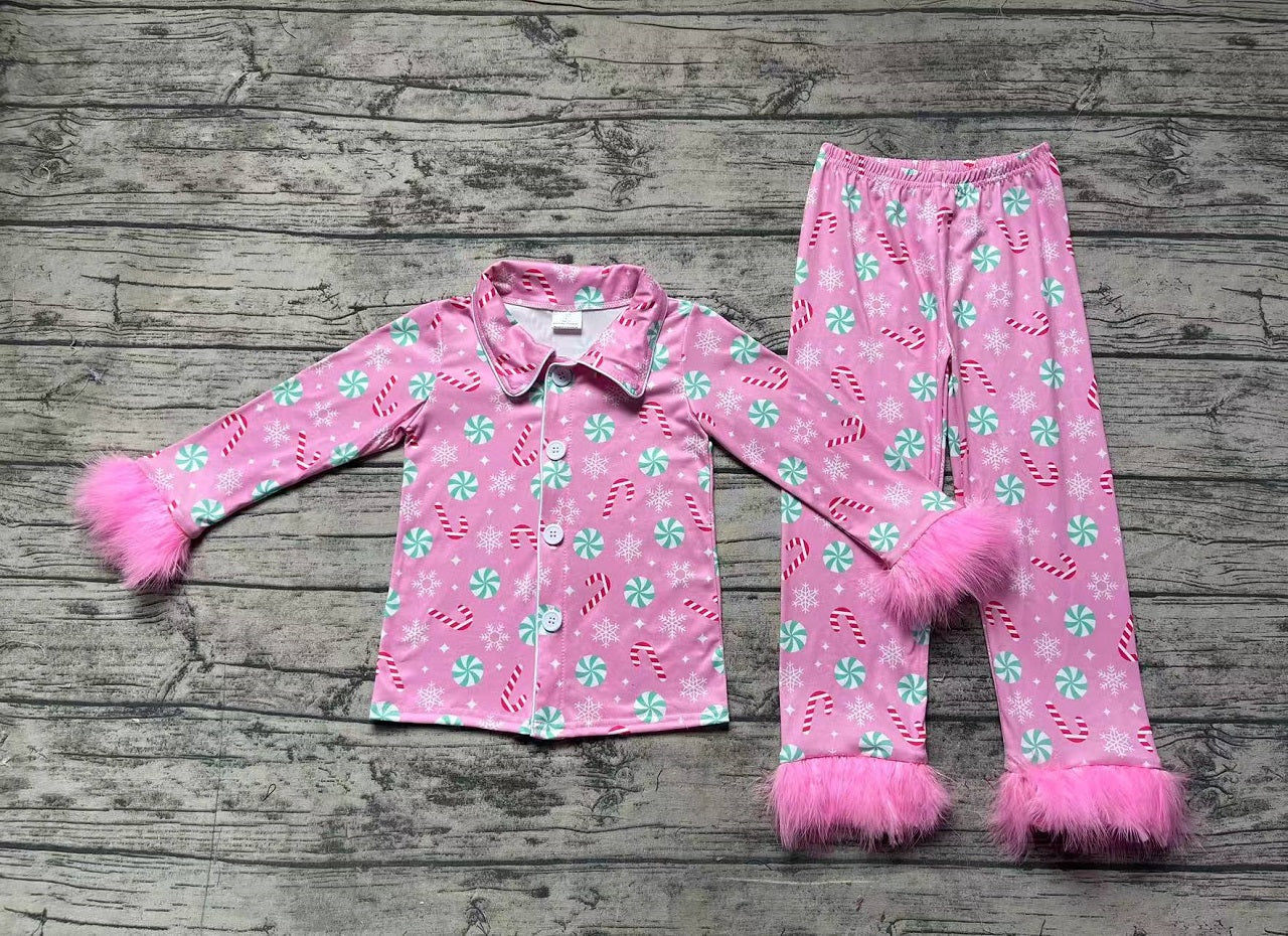 Baby Girl Christmas Fur Candy Buttons Shirt Pants Pink Set Pajamas