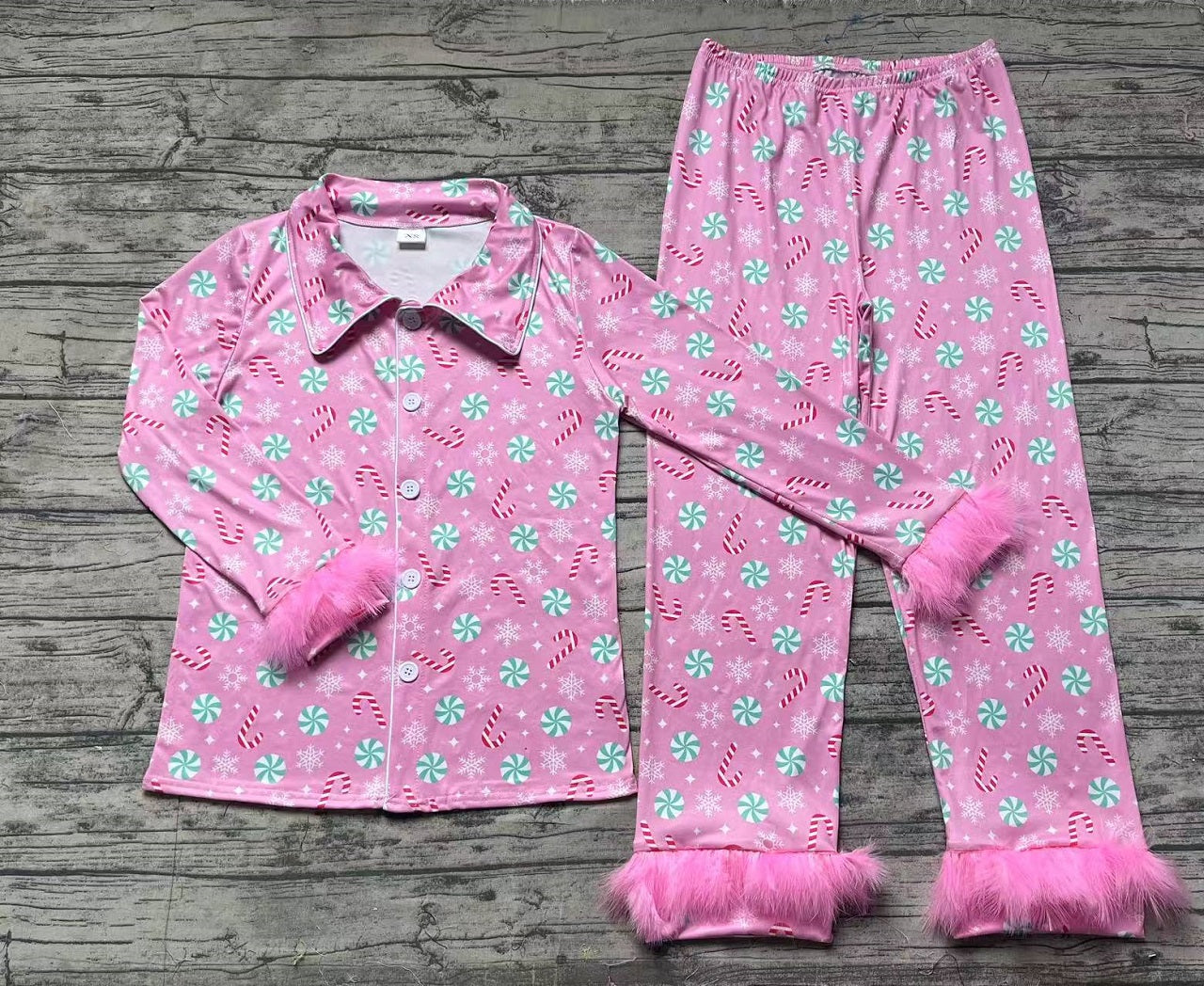 Adult Women Christmas Fur Candy Buttons Shirt Pants Pink Set Pajamas