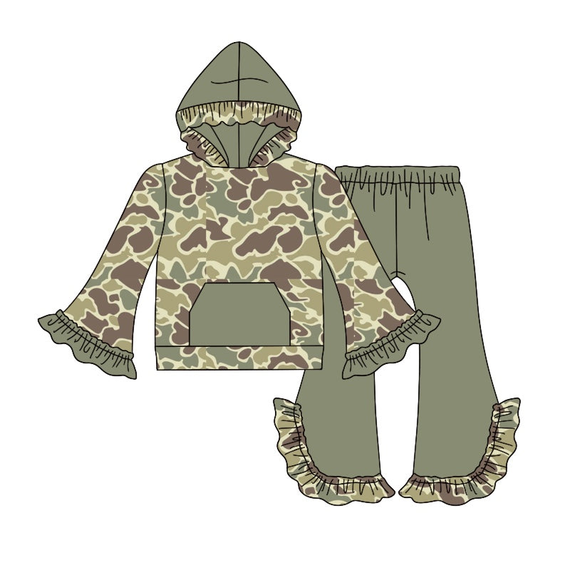 Pre-order Baby Girl Green Camo Hoodie Shirt Bell Pants Clothes Set