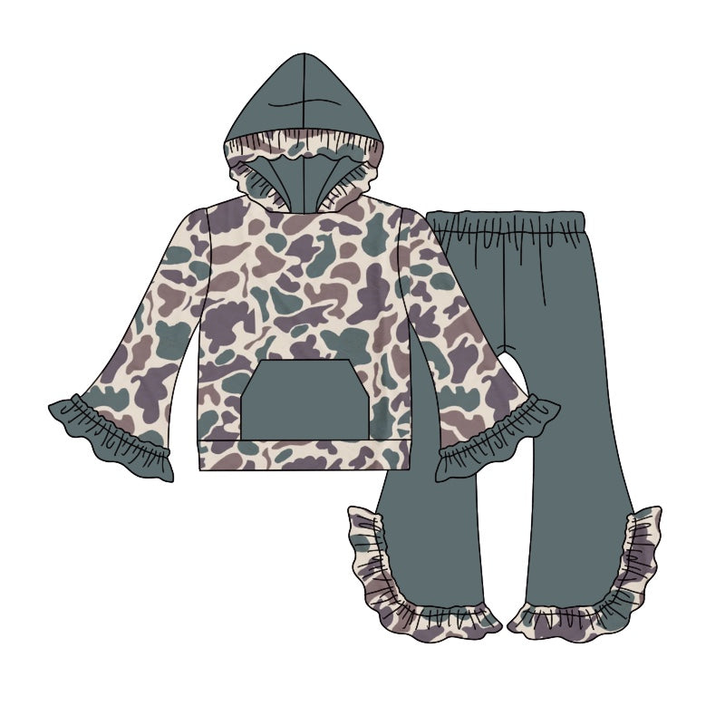 Pre -order Baby Girl Camo Hoodie Shirt Dark Green Ruffle Pants Clothes Set