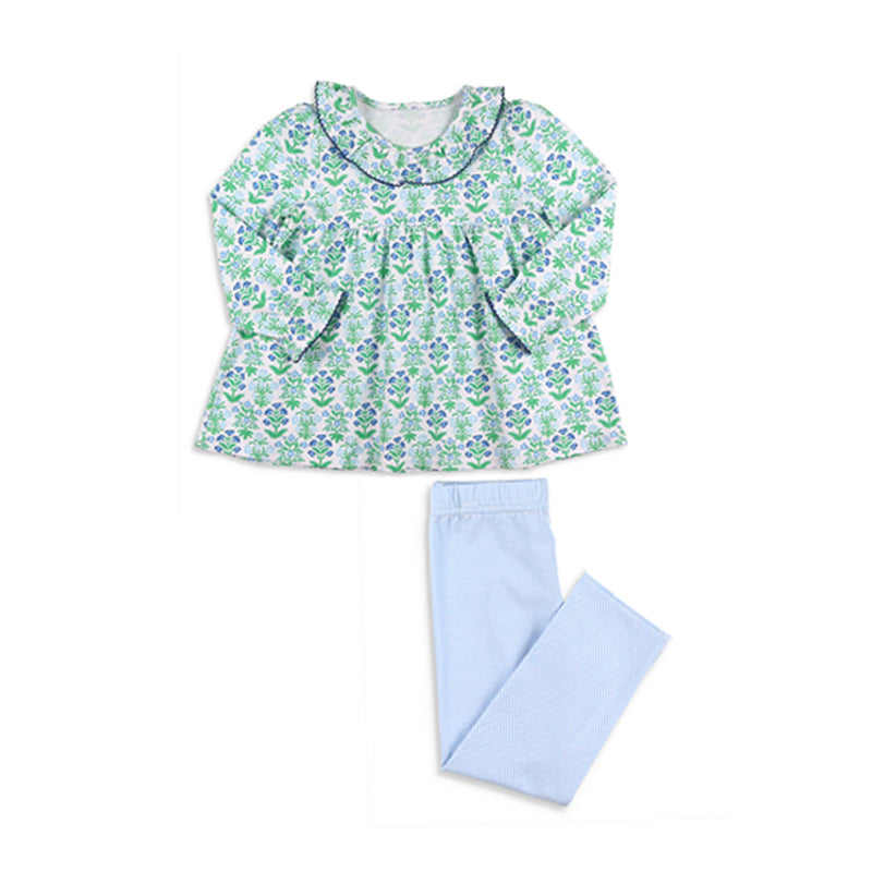 Pre-order Baby Girl Flower Ruffle Tunic Blue Pants Clothes Set