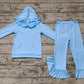 Baby Girl Long Sleeves Hoodie Shirt Cotton Ruffle Pants Clothes Blue Set