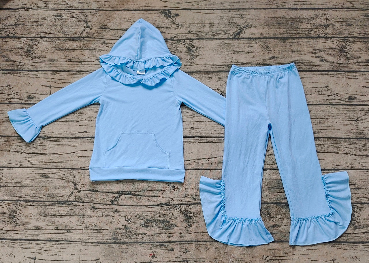 Baby Girl Long Sleeves Hoodie Shirt Cotton Ruffle Pants Clothes Blue Set