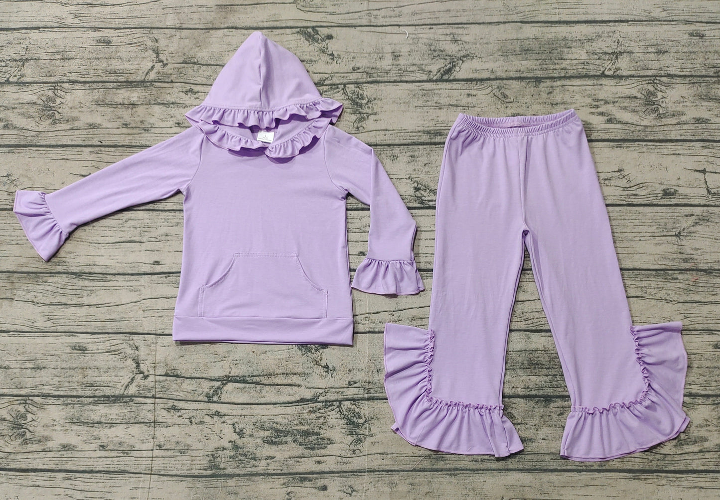 Baby Girl Long Sleeves Purple Hoodie Pocket Shirt Ruffle Cotton Pants Clothes Set