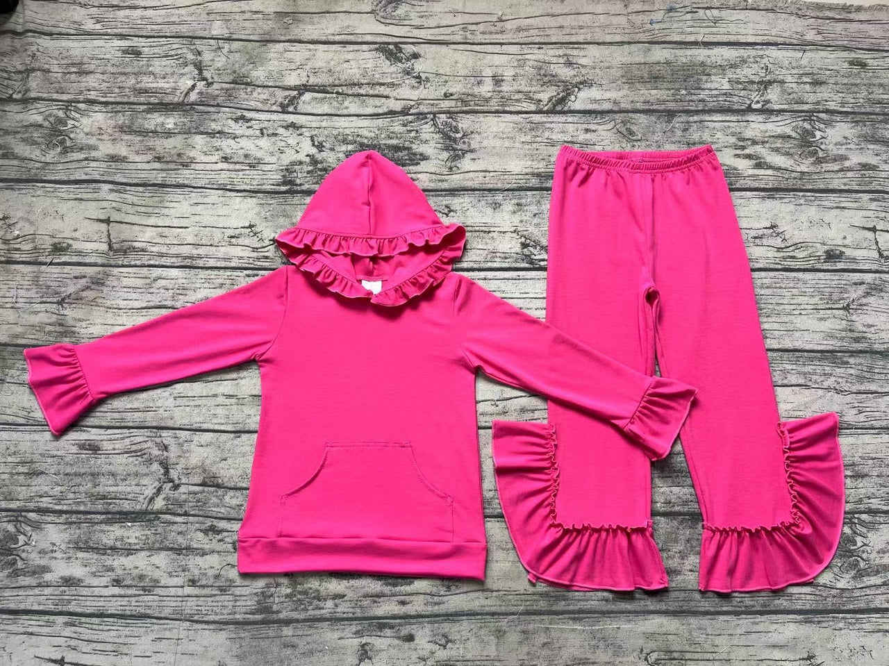 Baby Girl Long Sleeves Pink Hoodie Ruffle Top Bell Pants Clothes Cotton Set