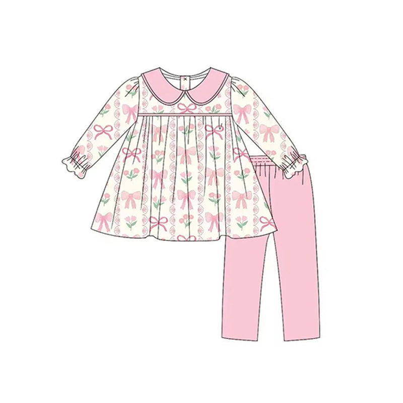 Pre-order Baby Girl Flower Bows Tunic Pink Pants Clothes Set