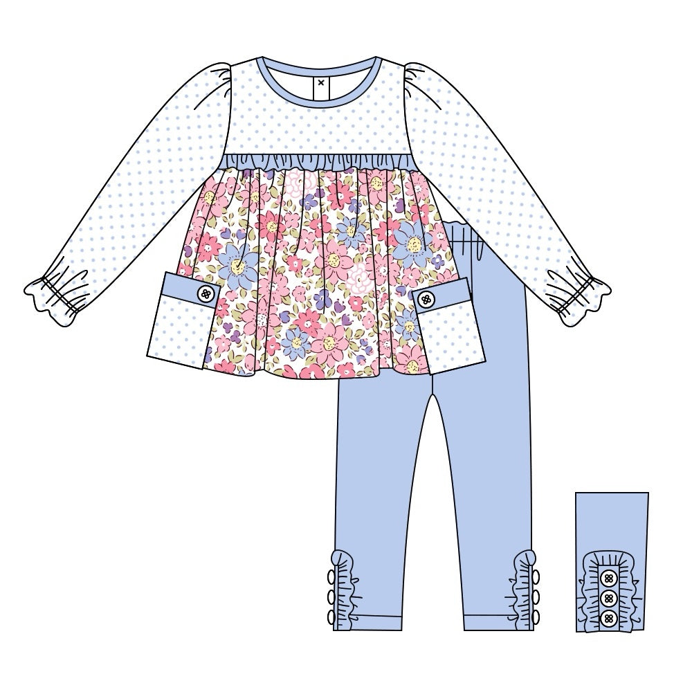 Pre-order Baby Girl Dots Flower Pocket Tunic Blue Legging Clothes Set